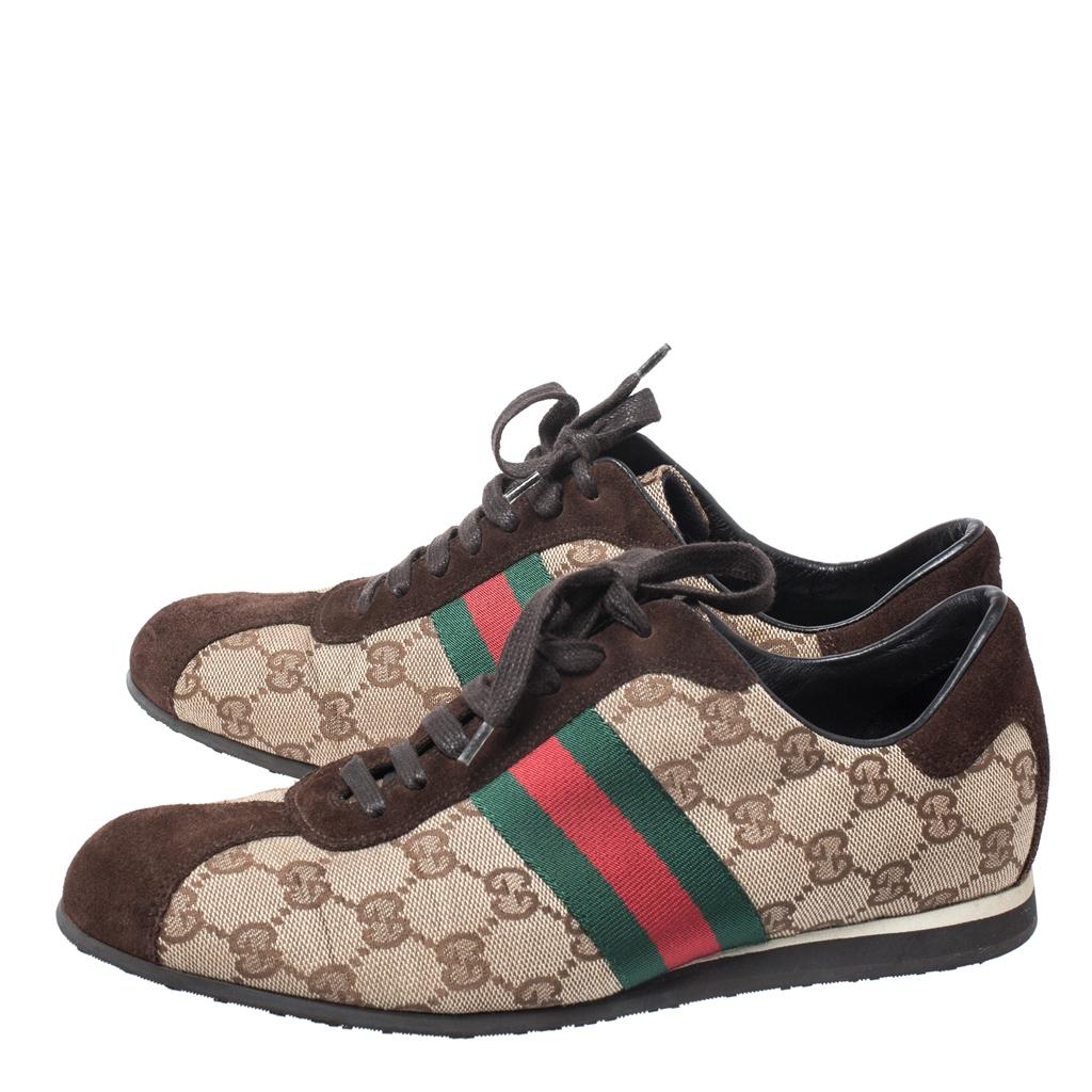 Gucci Beige/Brown GG Canvas and Suede Web Low Top Sneakers Size 38.5 In Good Condition In Dubai, Al Qouz 2