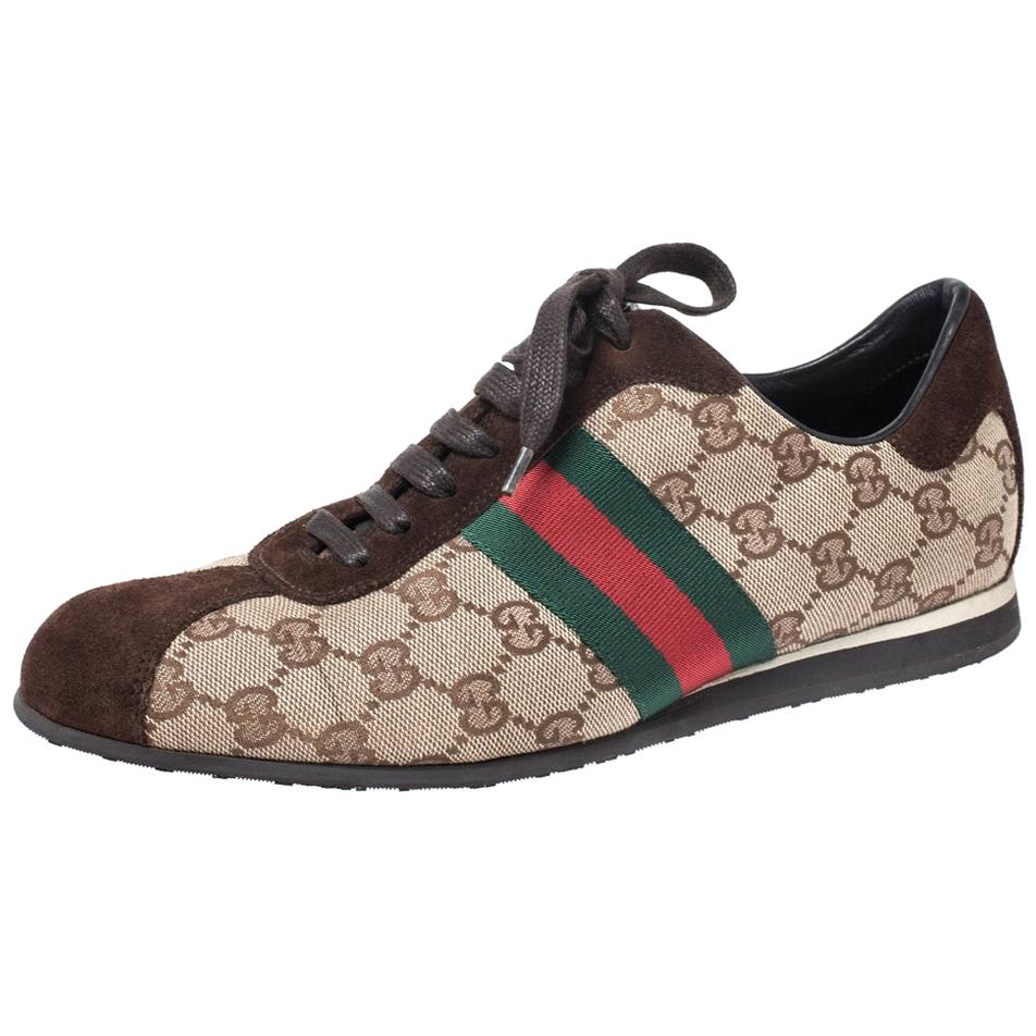 Gucci Beige/Brown GG Canvas and Suede Web Low Top Sneakers Size 38.5