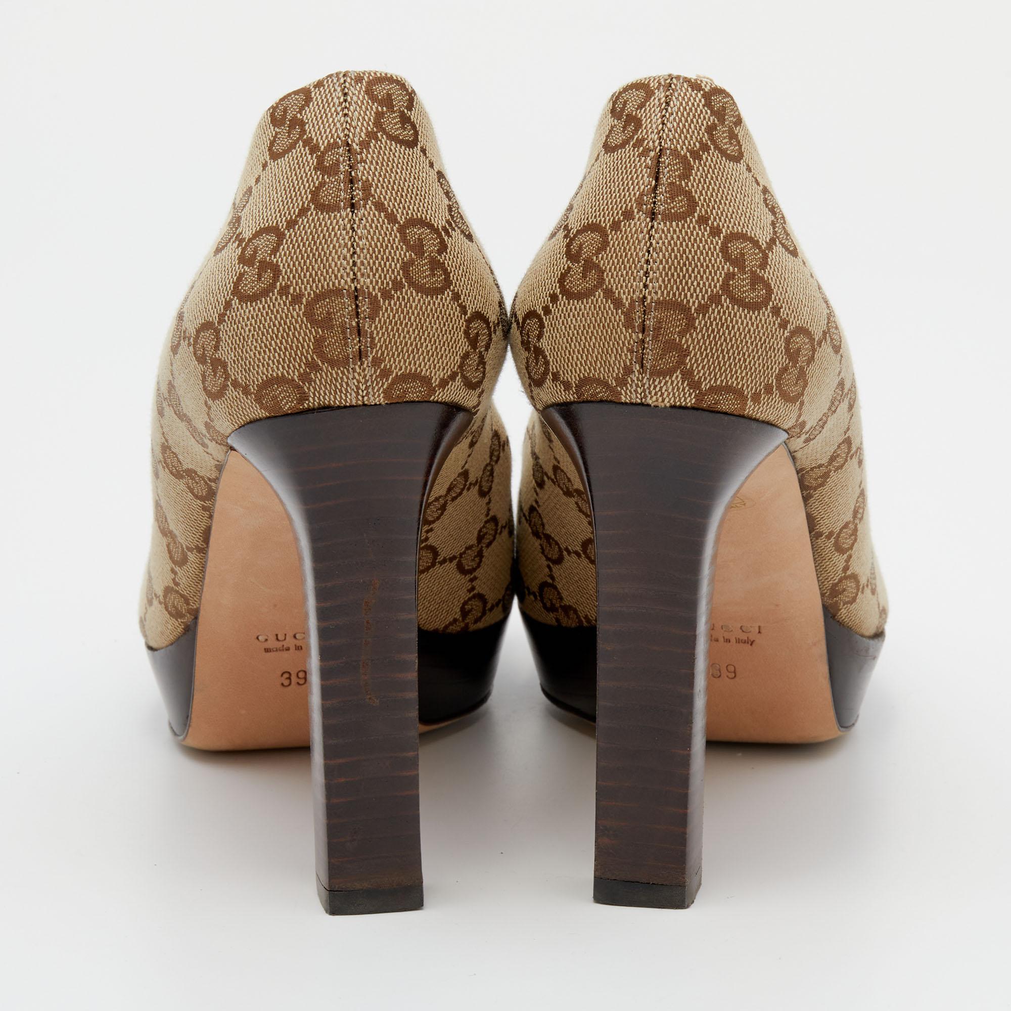 Women's Gucci Beige/Brown GG Canvas Horsebit Peep Toe Platform Pumps Size 39