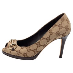 Gucci Beige/Brown GG Canvas Horsebit Peep Toe Pumps Size 36