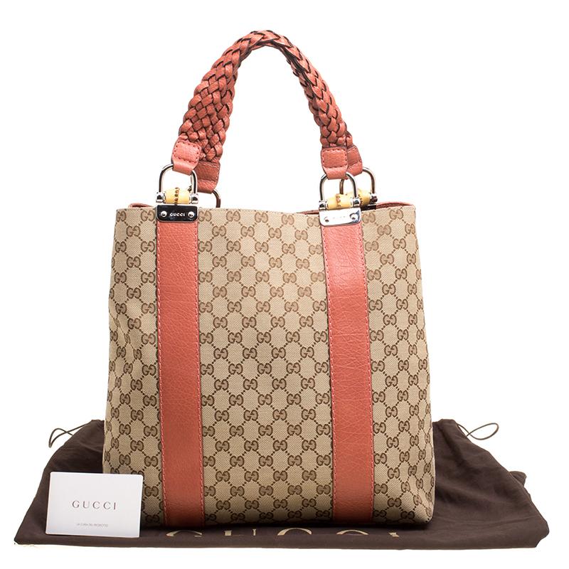 Gucci Beige/Brown GG Canvas Large Bamboo Bar Tote 6
