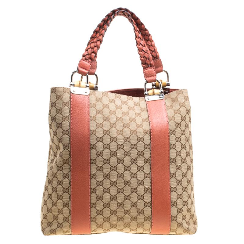 Women's Gucci Beige/Brown GG Canvas Large Bamboo Bar Tote