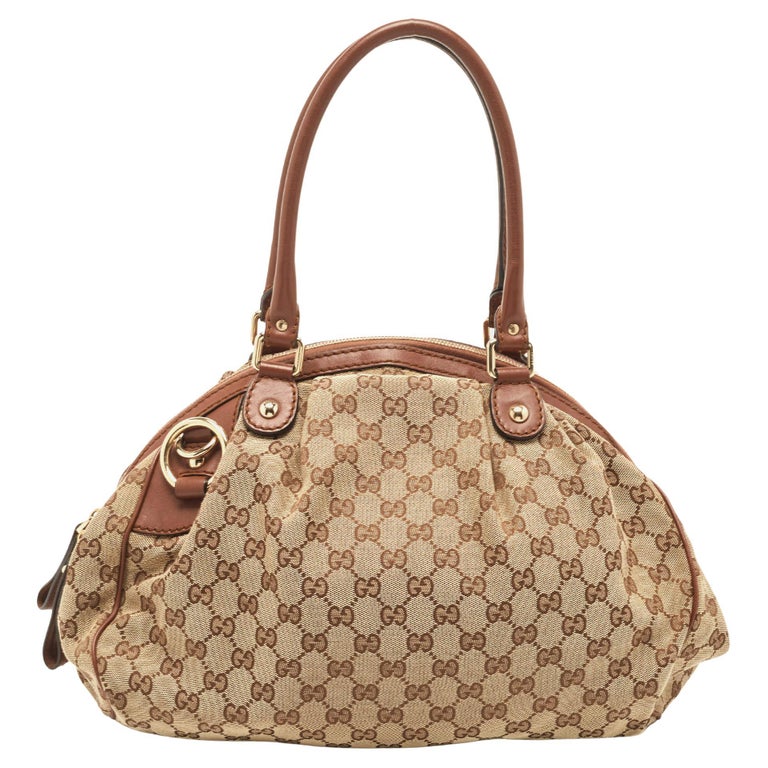 GUCCI GG Canvas Web Sherry Line Mini Boston Bag PVC Leather Beige