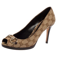 Gucci Beige/Brown GG Canvas New Hollywood Horsebit Peep To Pumps Size 39