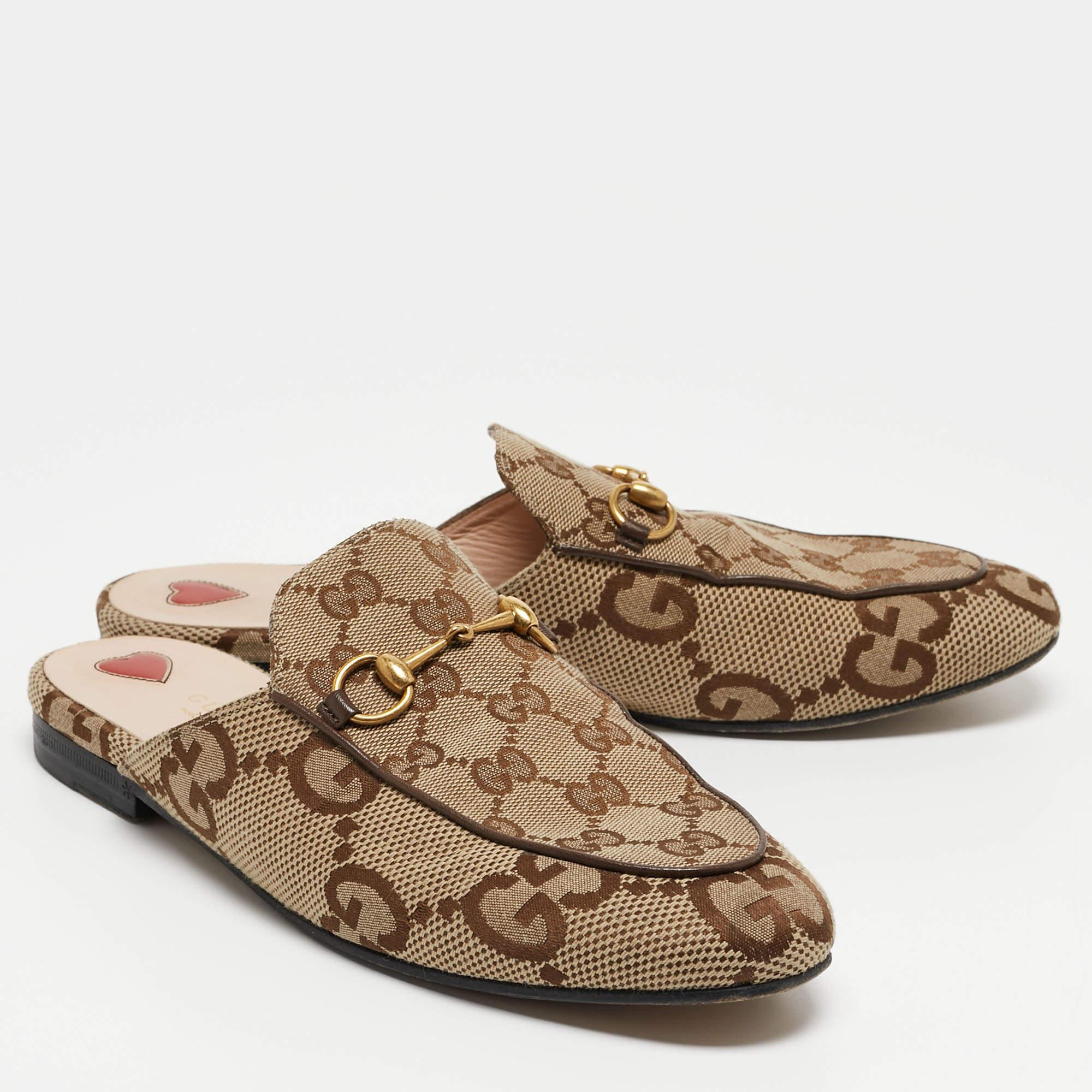 Women's Gucci Beige/Brown GG Canvas Princetown Flat Mules Size 39