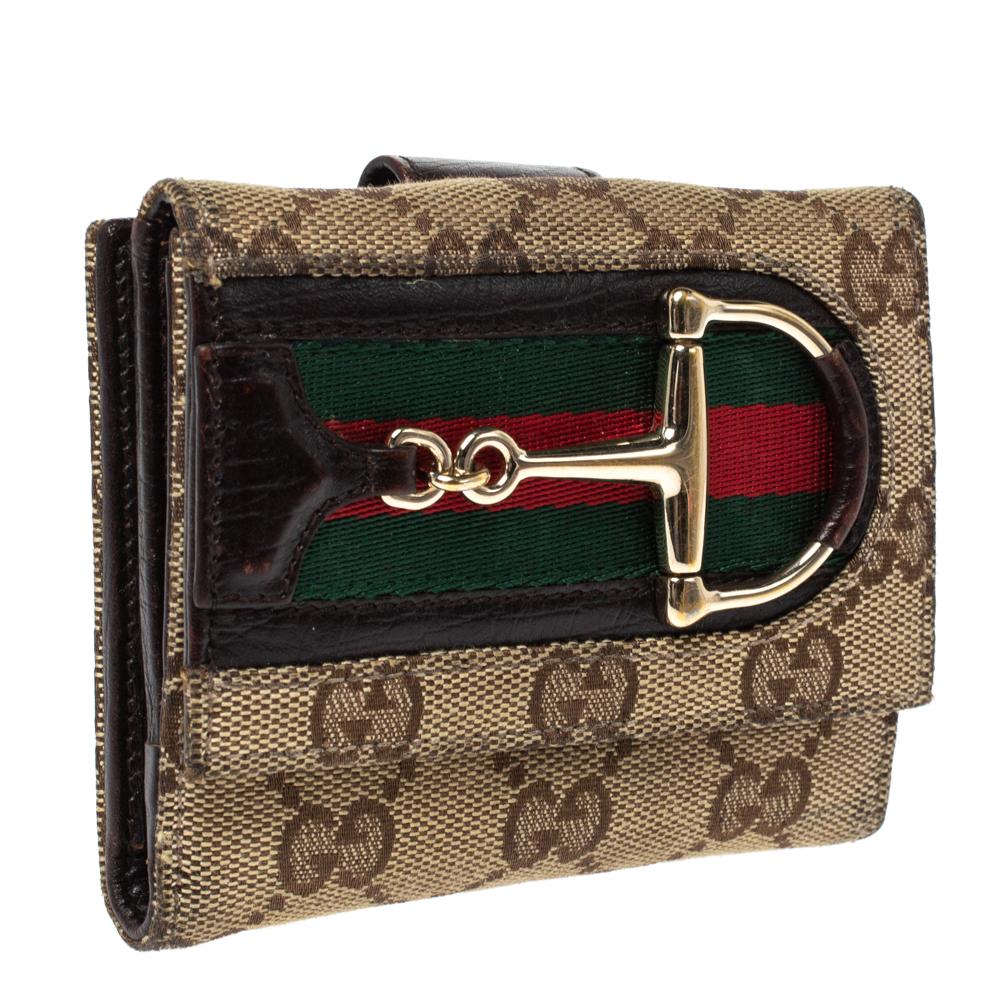 Black Gucci Beige/Brown GG Canvas Web Horsebit Compact Wallet