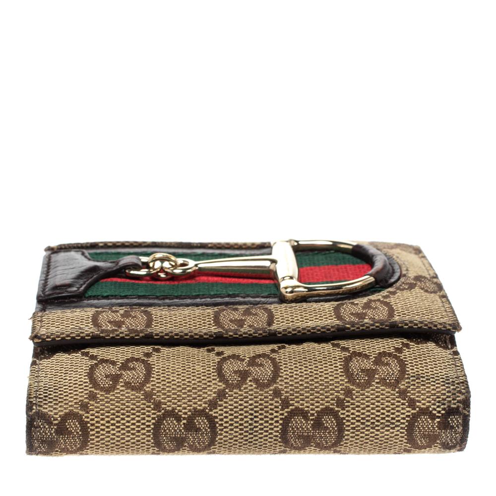 Gucci Beige/Brown GG Canvas Web Horsebit Compact Wallet In Good Condition In Dubai, Al Qouz 2