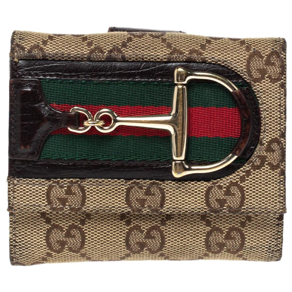 Gucci Beige/Brown GG Canvas Web Horsebit Compact Wallet