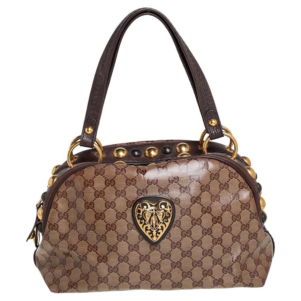 Gucci Beige/Brown GG Crystal Canvas Babouska Crest Dome Bag