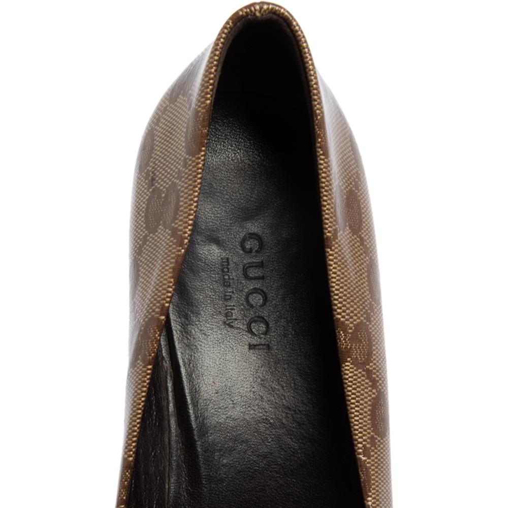 Gucci Beige/Brown GG Crystal Canvas Bow Pumps Size 36 1