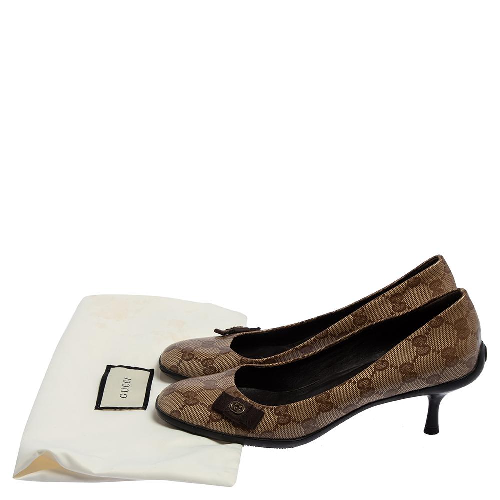 Gucci Beige/Brown GG Crystal Canvas Bow Pumps Size 36 3