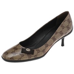 Gucci Beige/Brown GG Crystal Canvas Bow Pumps Size 38