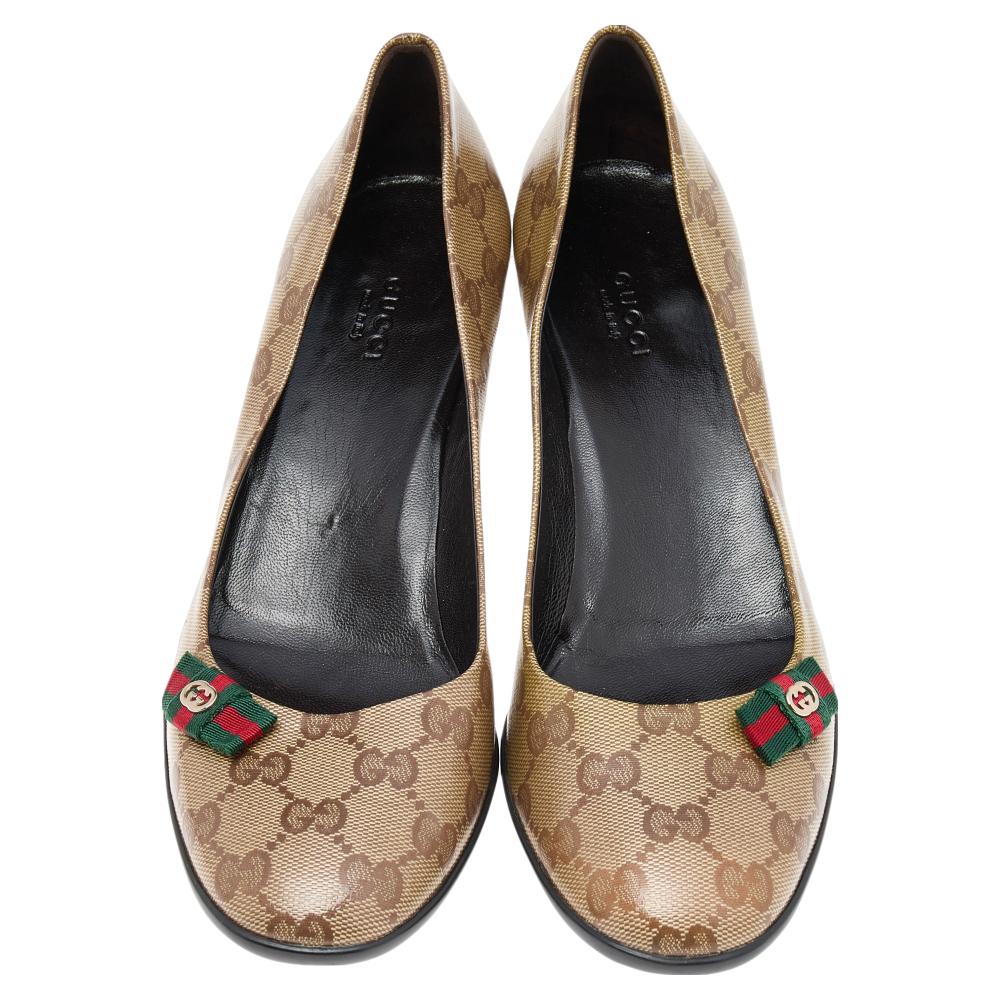 Gucci Beige/Brown GG Crystal Canvas Web Bow Pumps Size 39 1