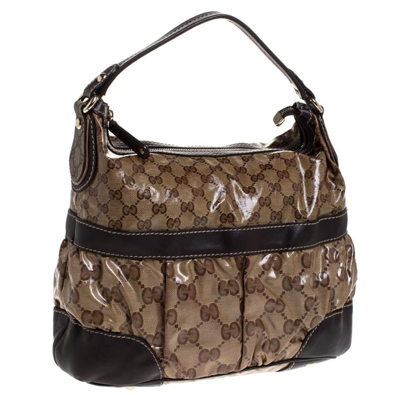 Gucci Beige/Brown GG Crystal Coated Canvas and Leather Mix Hobo In Good Condition In Dubai, Al Qouz 2