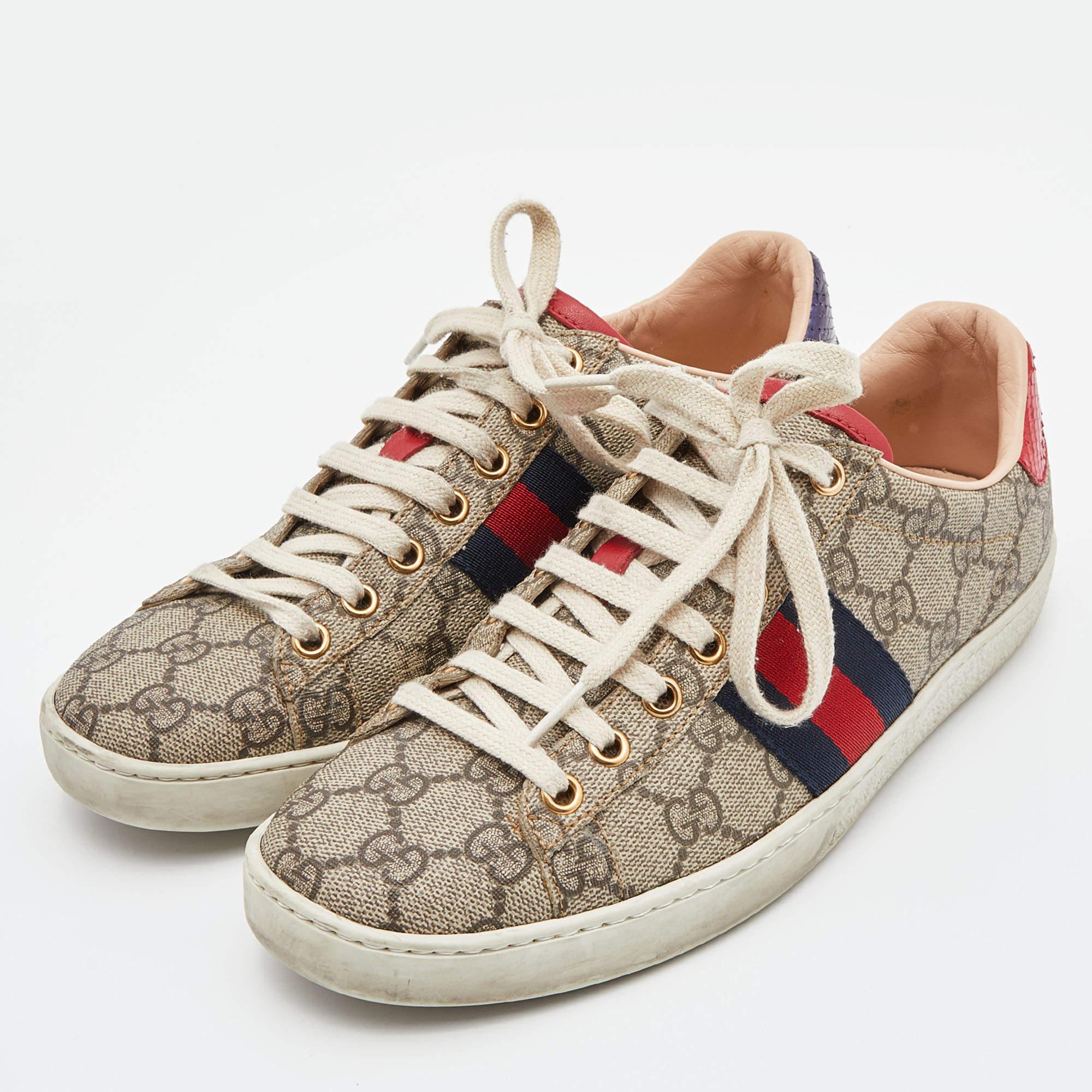 Women's Gucci Beige/Brown GG Supreme Canvas Ace Sneakers Size 37