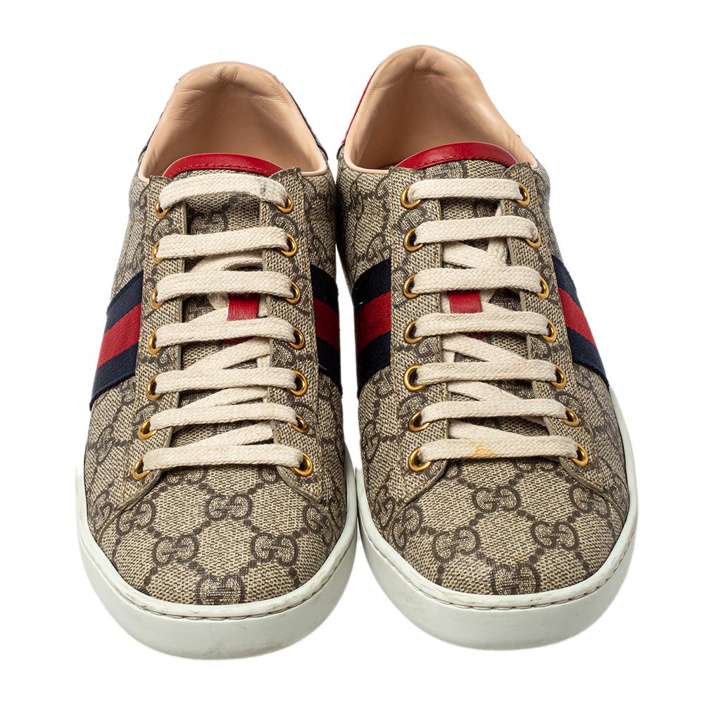 Gucci Beige/Brown GG Supreme Canvas Ace Web Low Top Sneakers Size 36.5 In Good Condition In Dubai, Al Qouz 2