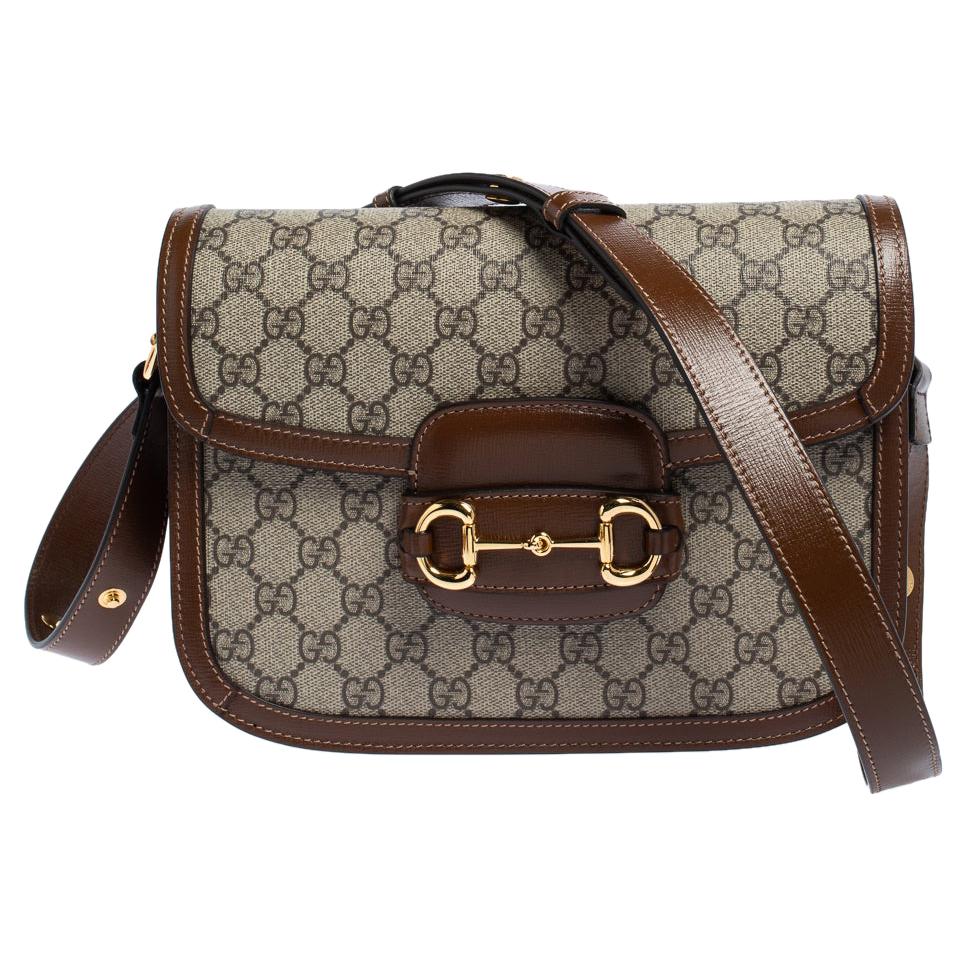 Gucci Beige/Brown GG Supreme Canvas and Leather 1955 Horsebit Shoulder Bag
