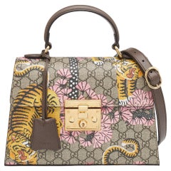 Gucci Beige/Braun GG Supreme Canvas und Leder Bengal Padlock Top Handle Bag