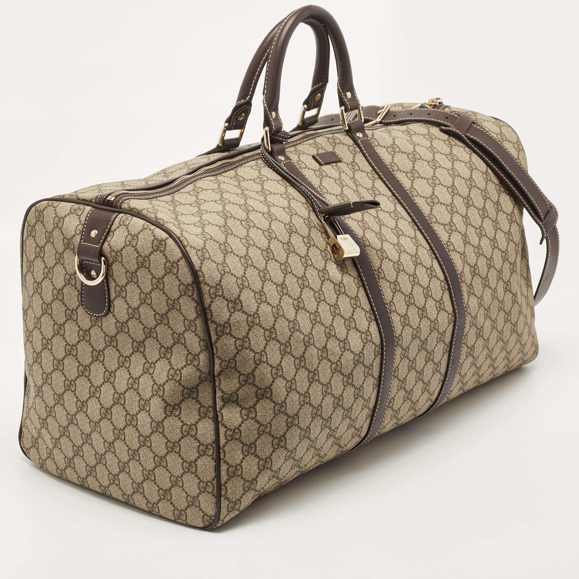 Women's Gucci Beige/Brown GG Supreme Canvas and Leather Carry On Duffel Bag