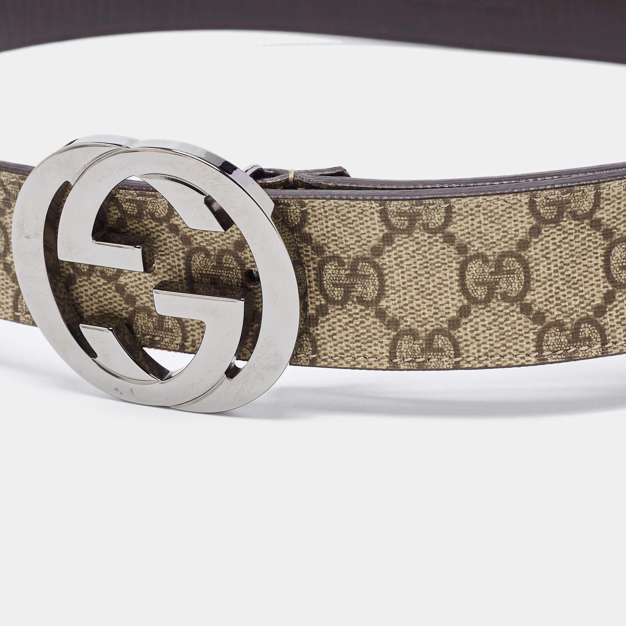 Gucci Beige/Brown GG Supreme Canvas and Leather Interlocking G Buckle Belt 95CM In Good Condition In Dubai, Al Qouz 2