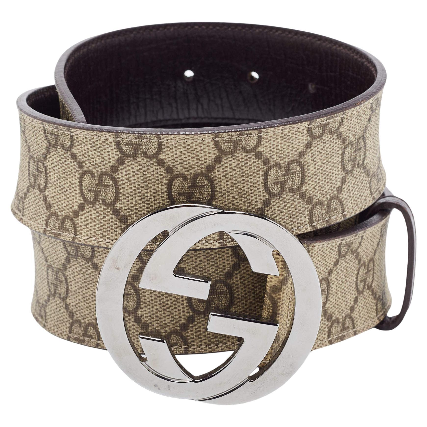 Gucci Beige/Brown GG Supreme Canvas and Leather Interlocking G Buckle Belt 95CM For Sale