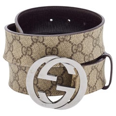 Used Gucci Beige/Brown GG Supreme Canvas and Leather Interlocking G Buckle Belt 95CM