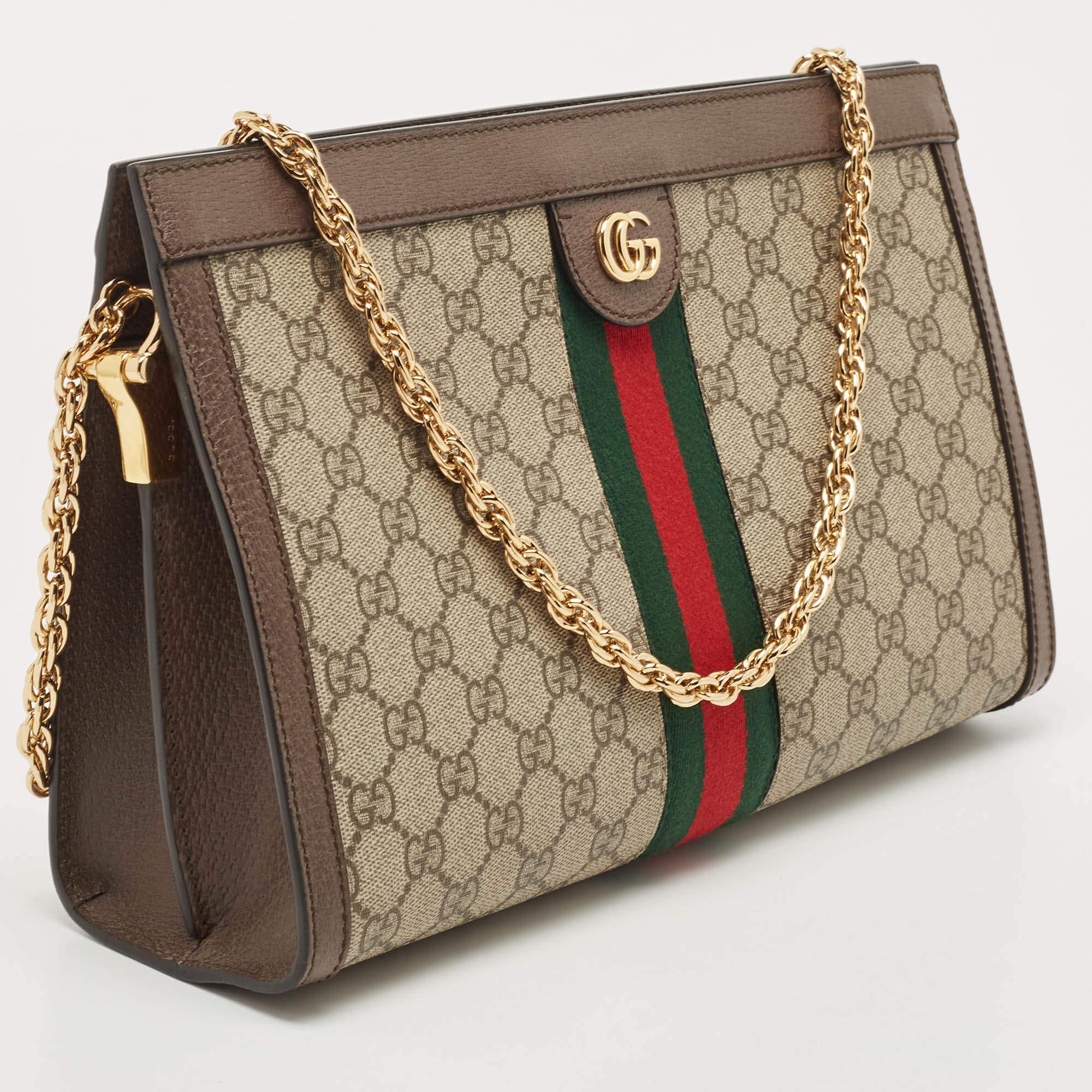 Gucci Beige/Brown GG Supreme Canvas And Leather Medium Ophidia Shoulder Bag In Good Condition In Dubai, Al Qouz 2