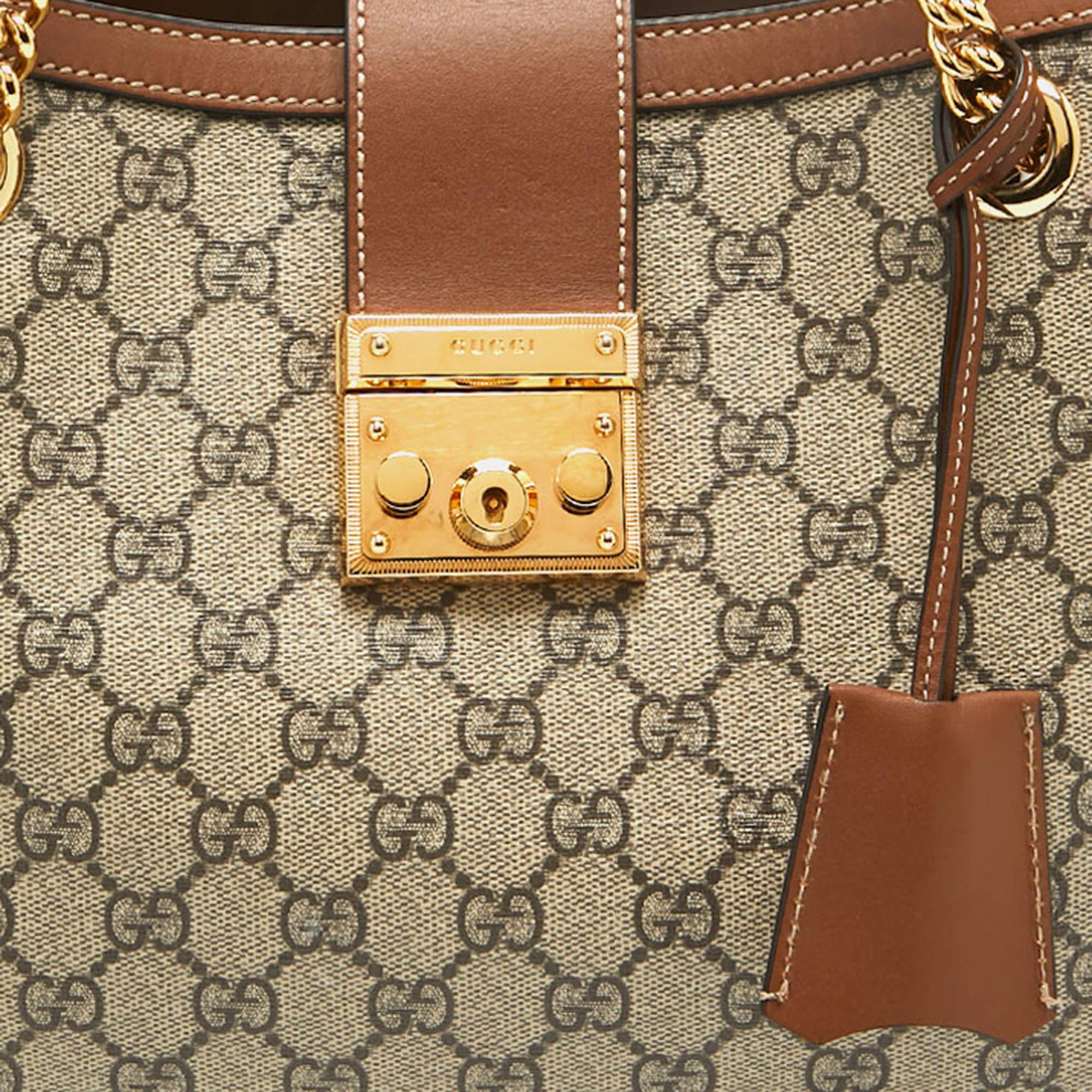 Gucci Beige/Brown GG Supreme Canvas and Leather Medium Padlock Tote For Sale 10