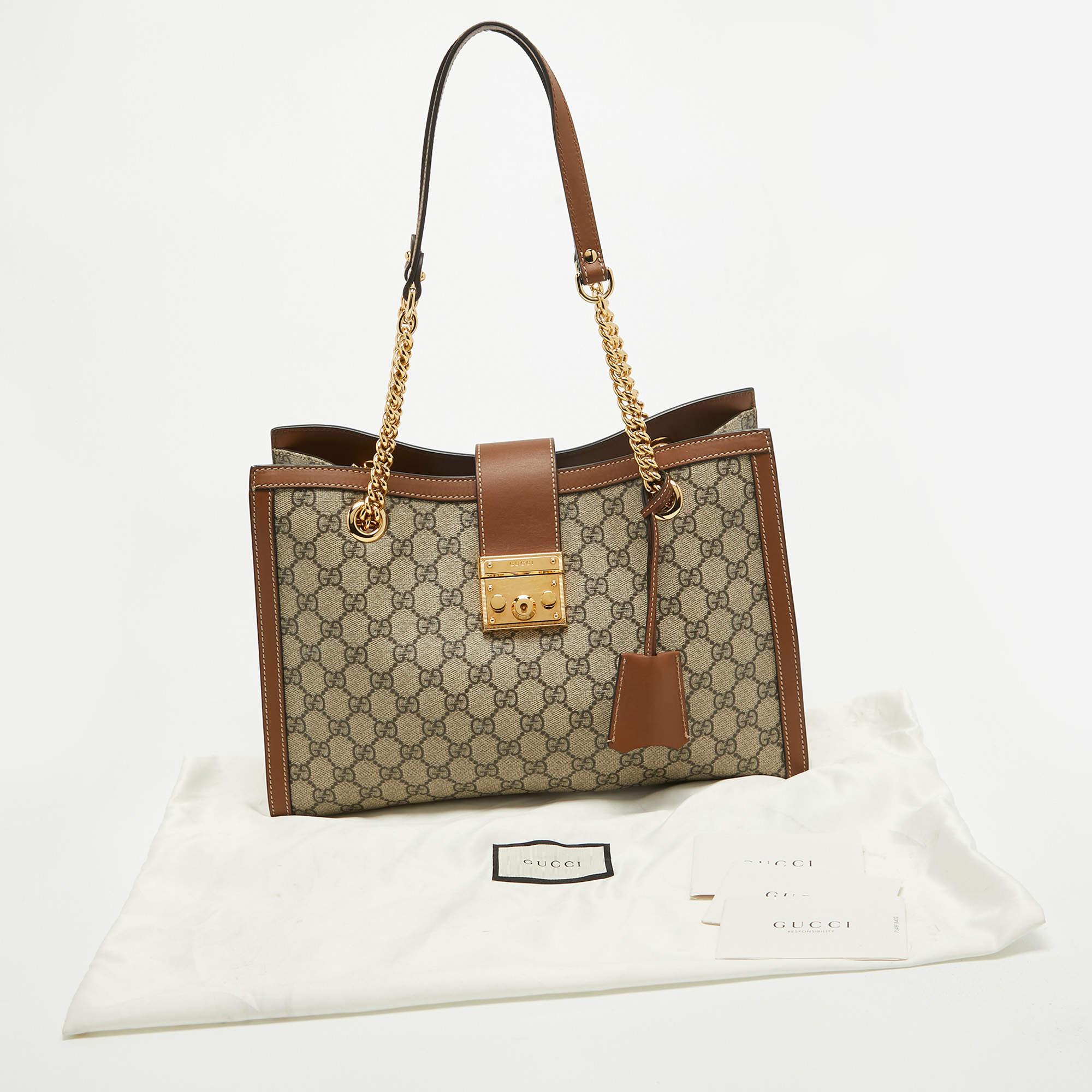 Women's Gucci Beige/Brown GG Supreme Canvas and Leather Medium Padlock Tote For Sale
