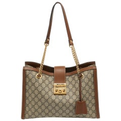 Gucci Beige/Braun GG Supreme Canvas und Leder Medium Padlock Tote
