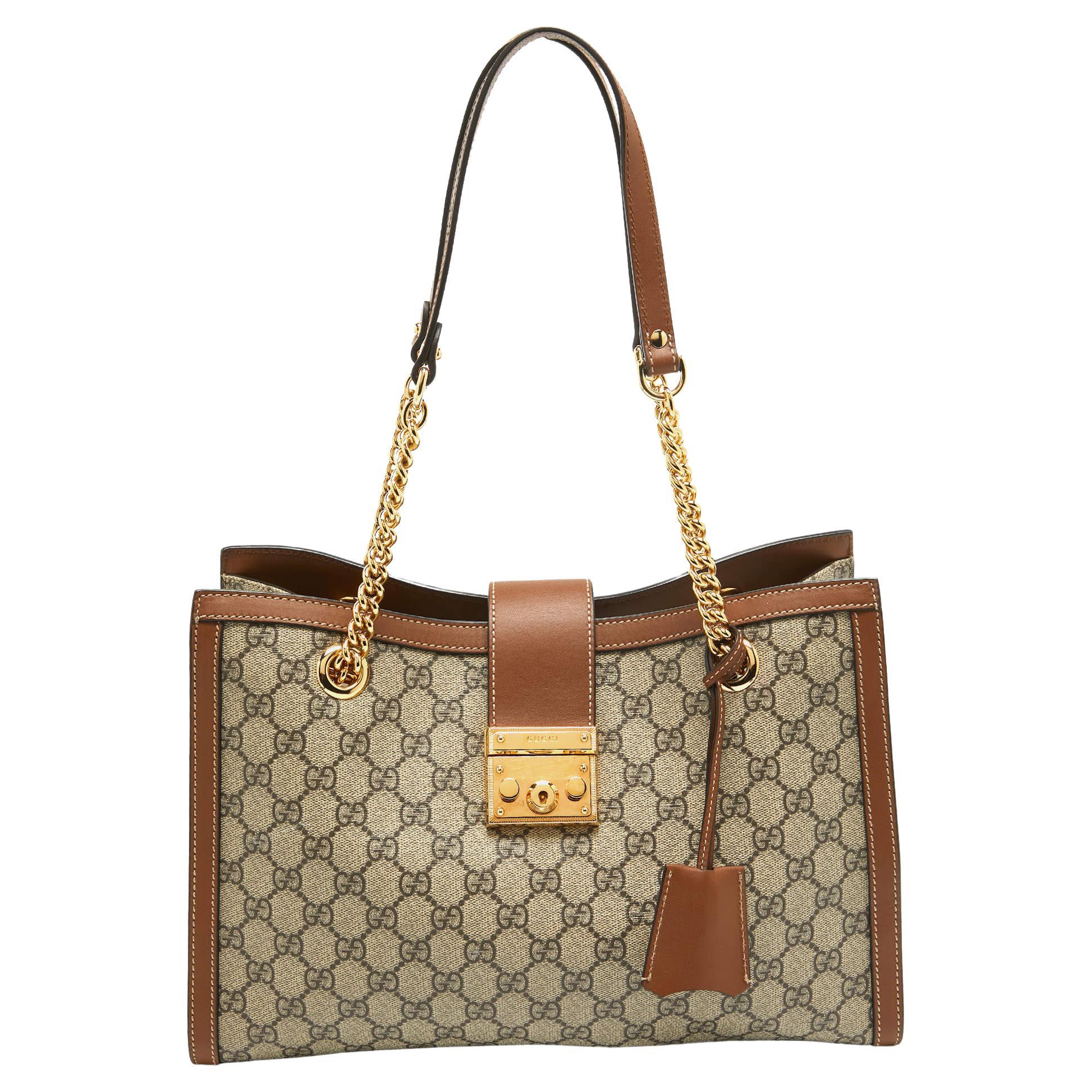 Gucci Beige/Brown GG Supreme Canvas and Leather Medium Padlock Tote For Sale