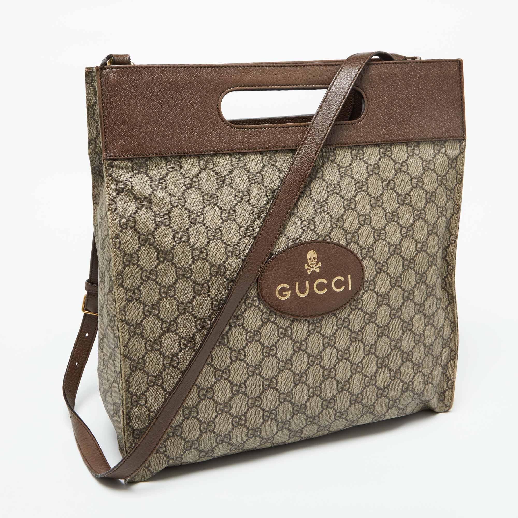Gray Gucci Beige/Brown GG Supreme Canvas and Leather Neo Vintage Tote