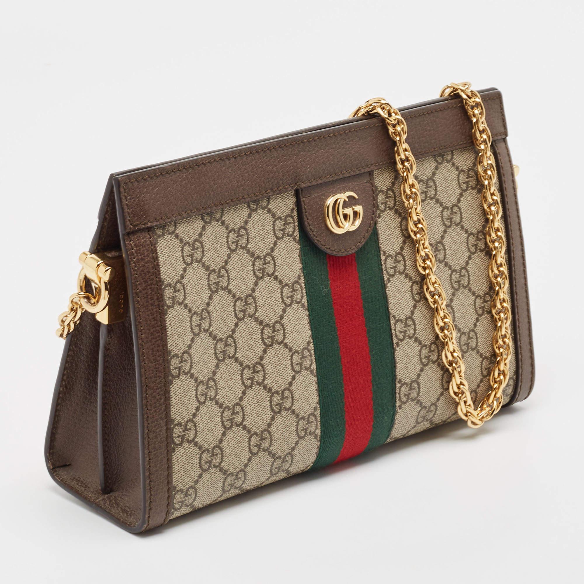 Gucci Beige/Brown GG Supreme Canvas and Leather Ophidia Chain Bag In Good Condition In Dubai, Al Qouz 2