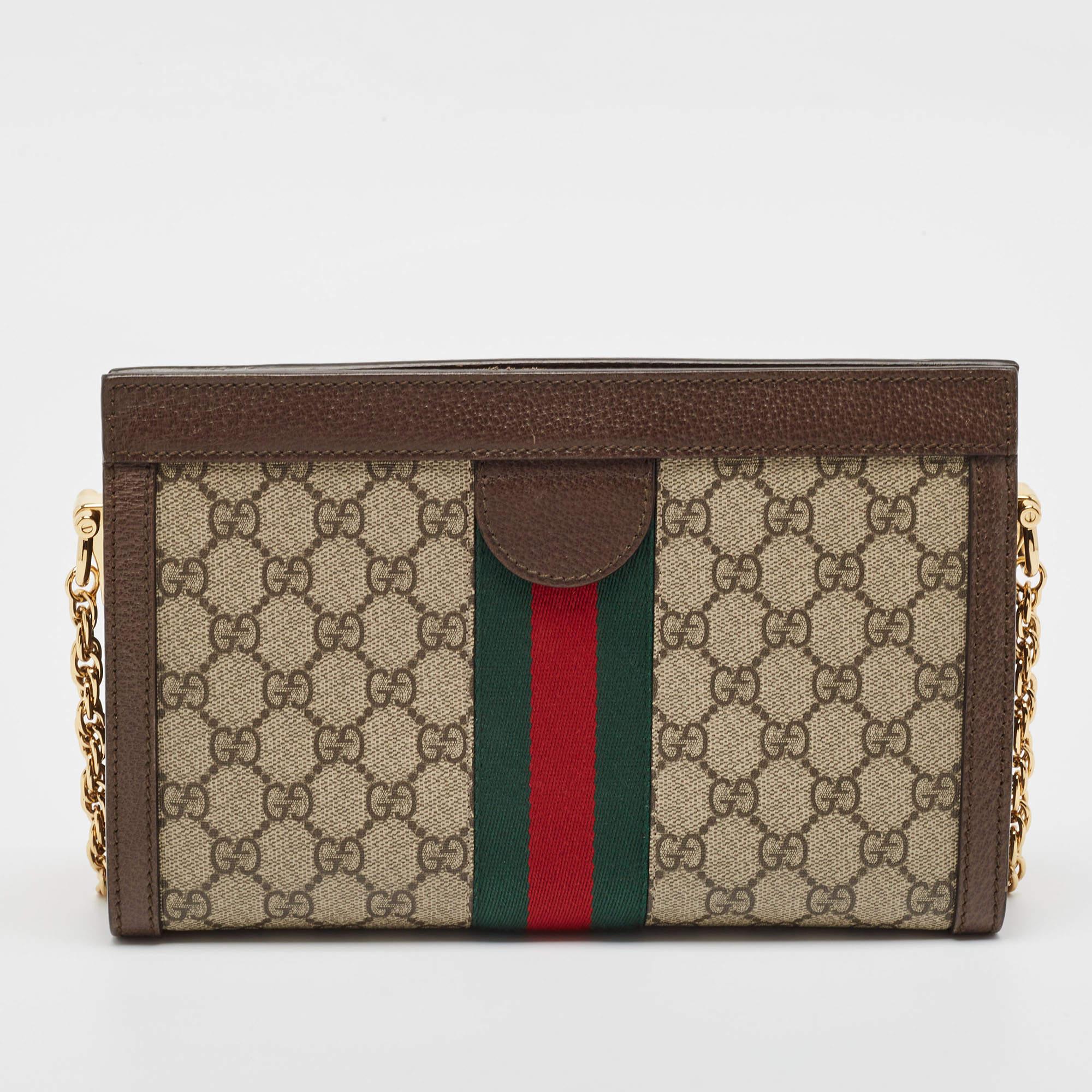 Women's Gucci Beige/Brown GG Supreme Canvas and Leather Ophidia Chain Bag
