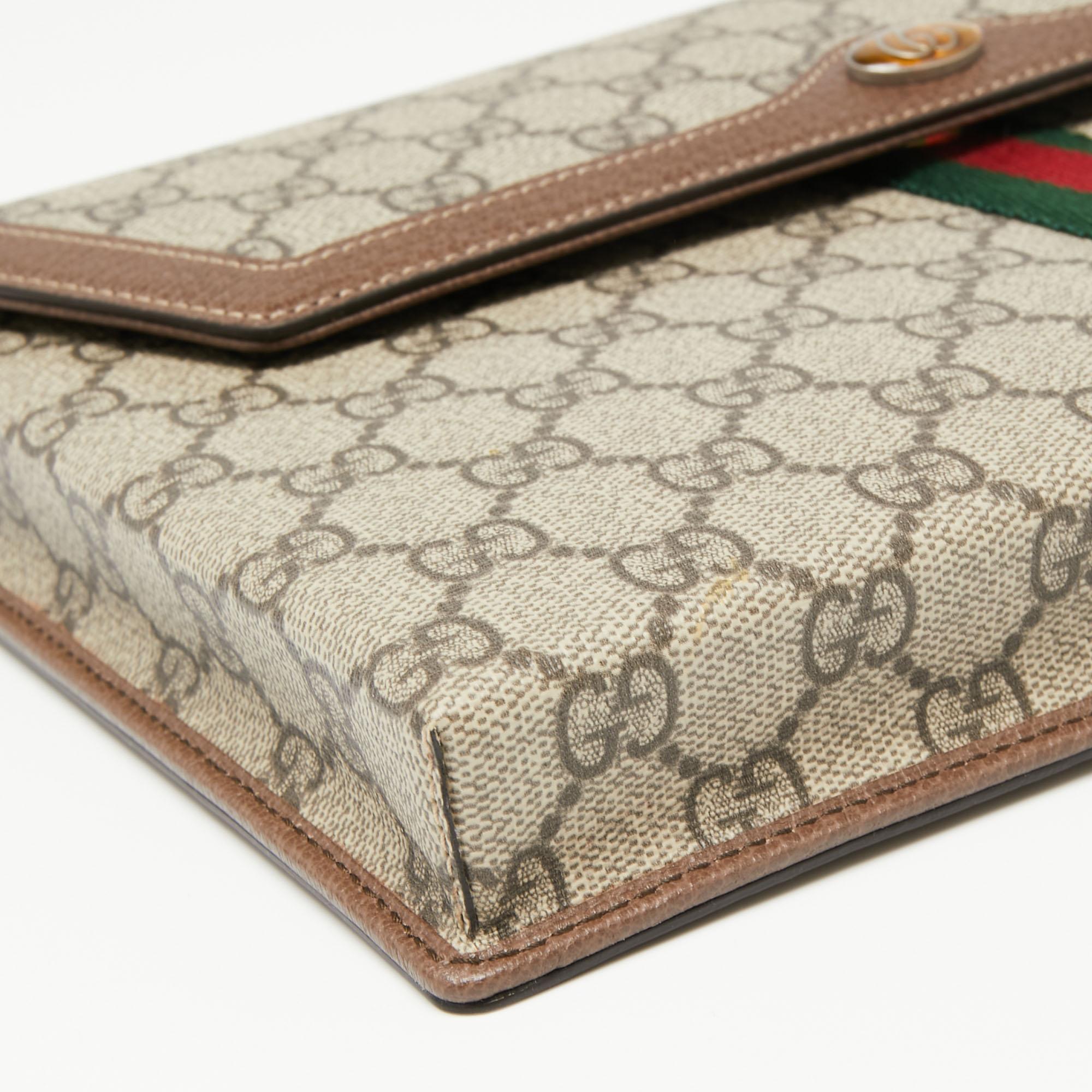 Gucci Beige/Brown GG Supreme Canvas and Leather Ophidia Pouch In New Condition In Dubai, Al Qouz 2
