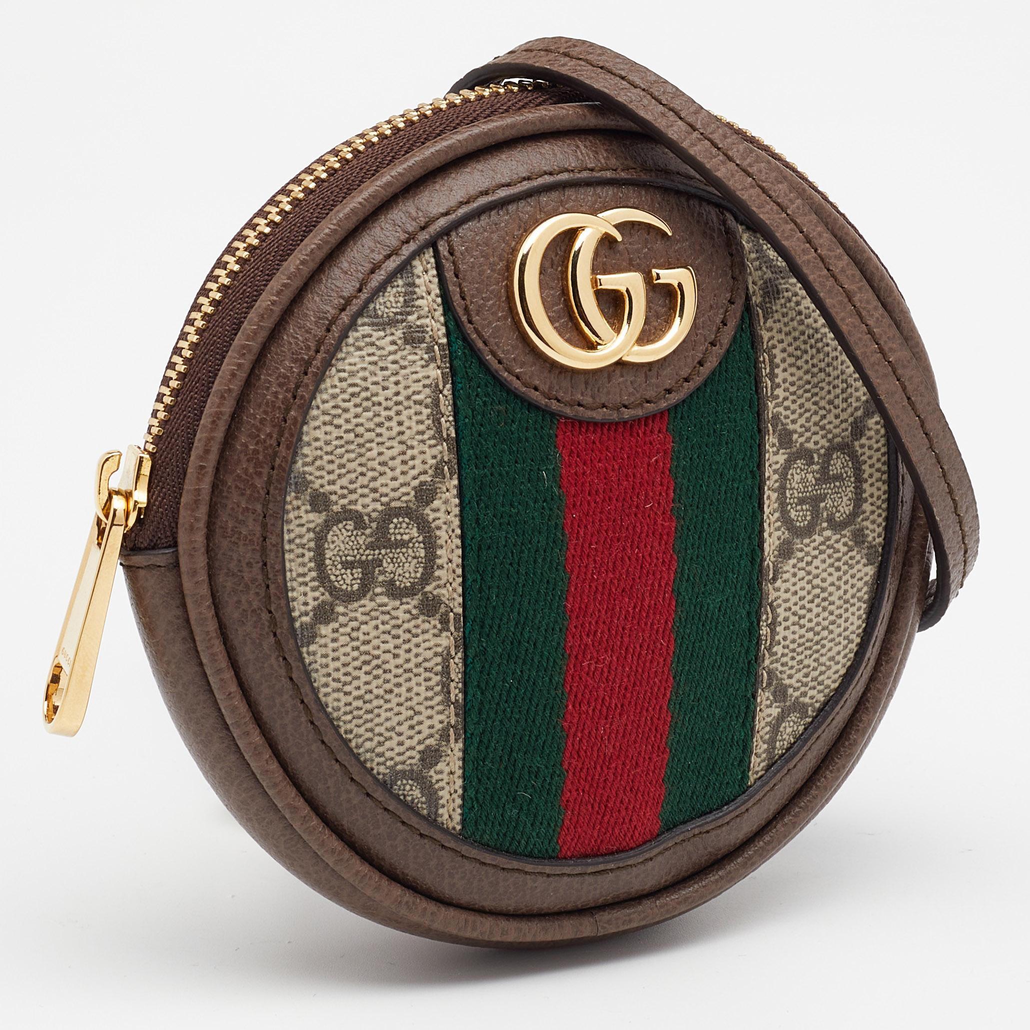 Black Gucci Beige/Brown GG Supreme Canvas And Leather Ophidia Round Coin Case