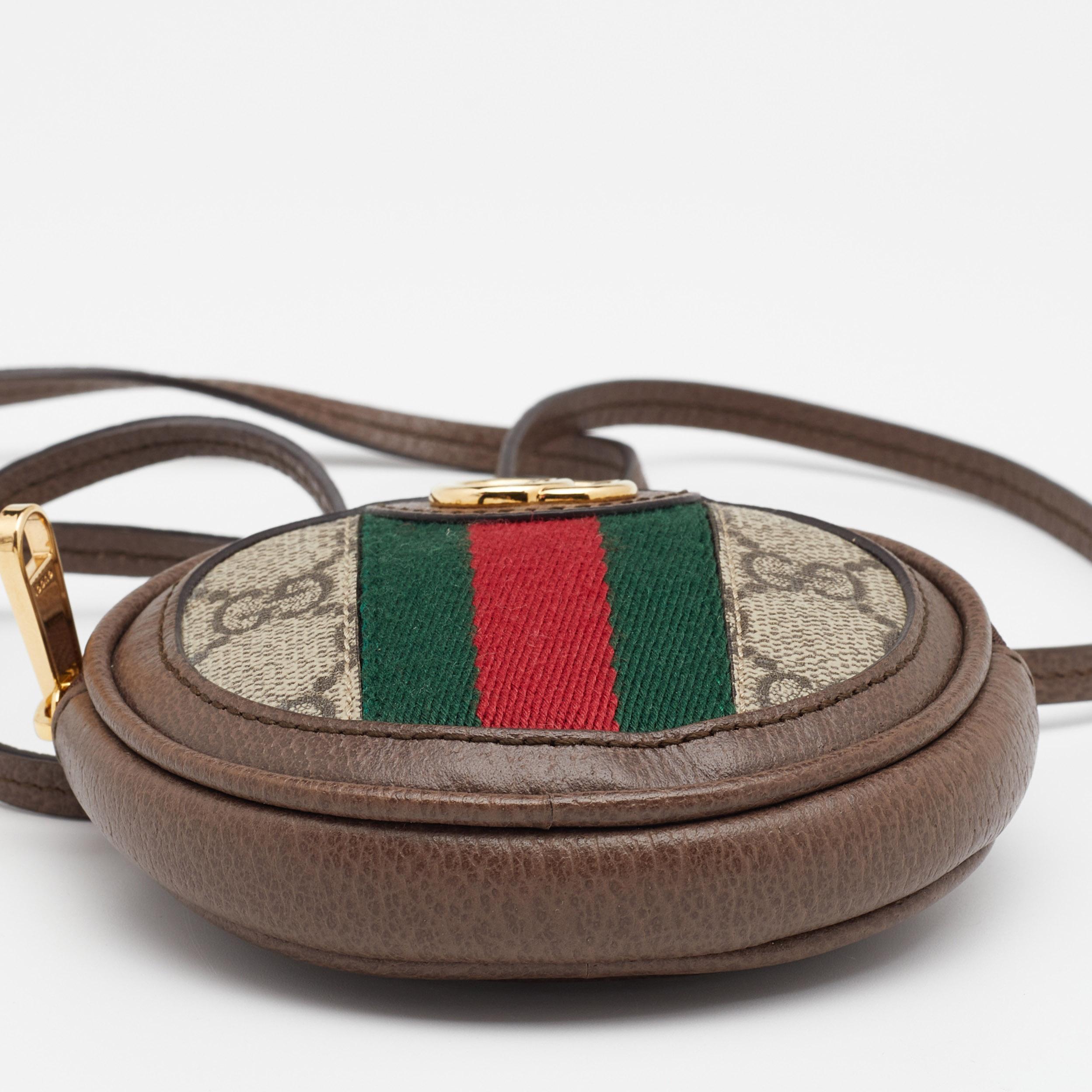 Gucci Beige/Brown GG Supreme Canvas And Leather Ophidia Round Coin Case In Good Condition In Dubai, Al Qouz 2