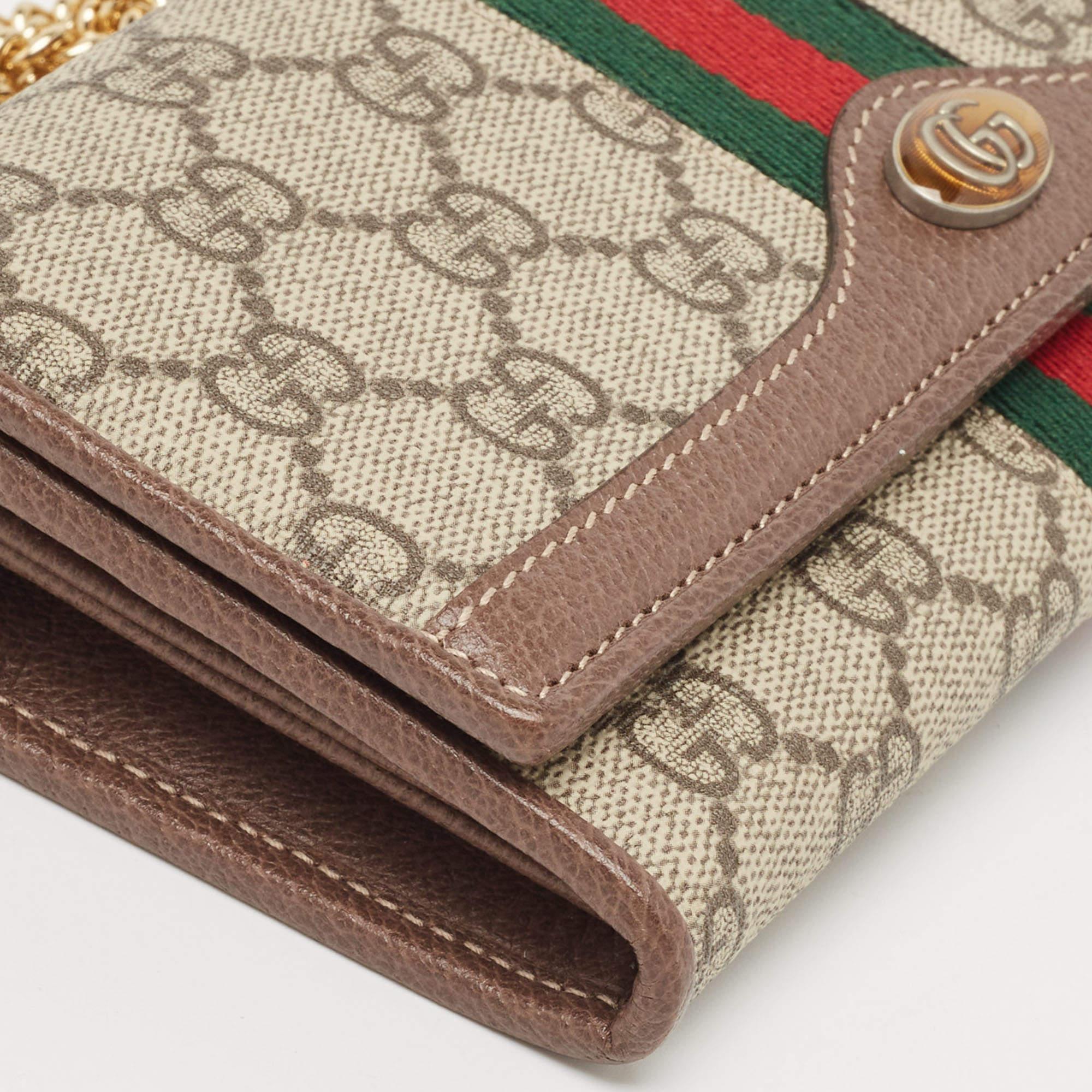 Gucci Beige/Brown GG Supreme Canvas and Leather Ophidia Wallet on Chain 7