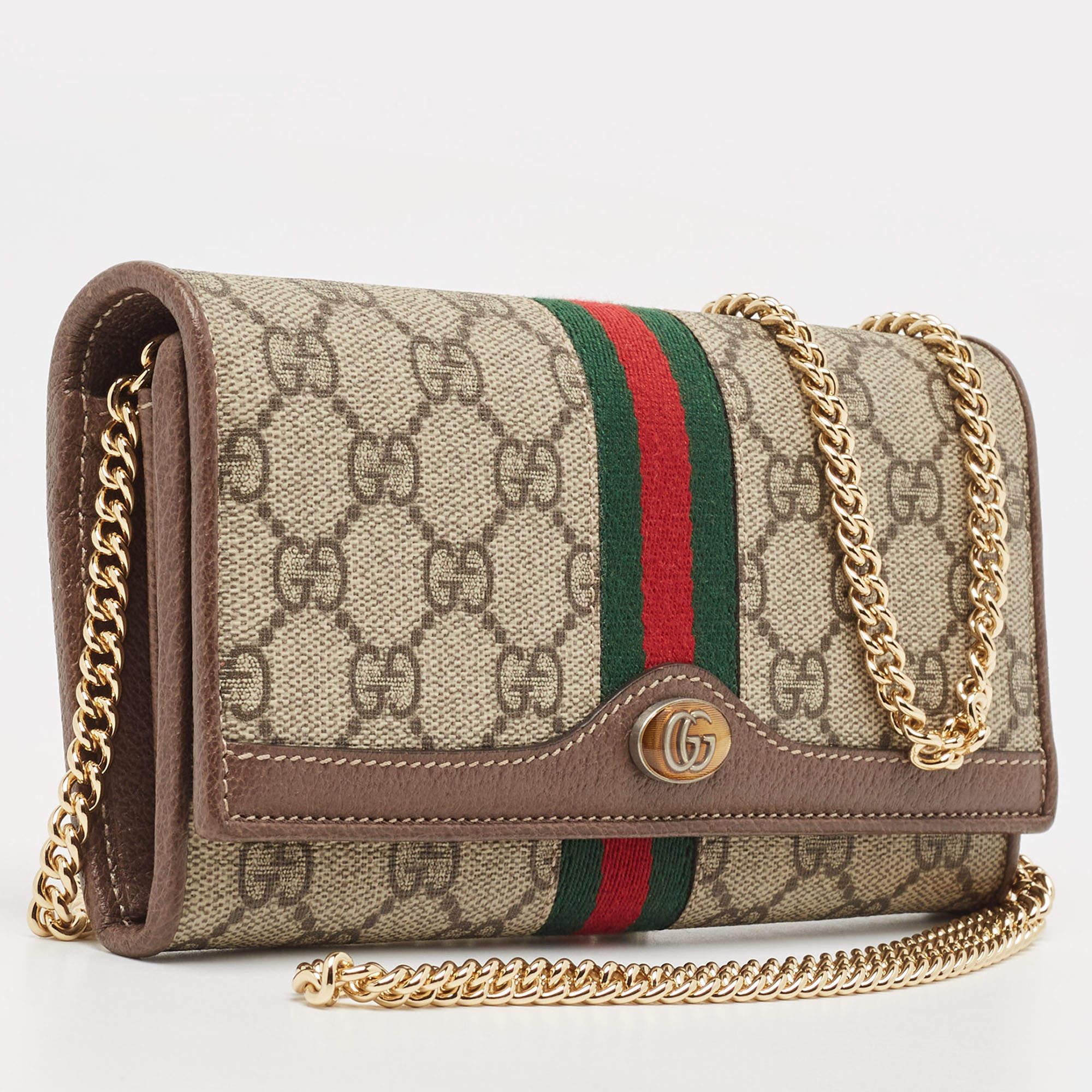 Gucci Beige/Brown GG Supreme Canvas and Leather Ophidia Wallet on Chain 9