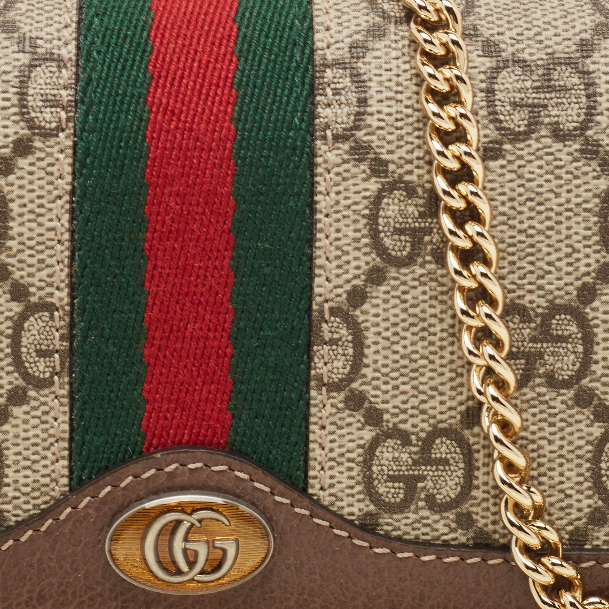 Gucci Beige/Brown GG Supreme Canvas and Leather Ophidia Wallet on Chain In Excellent Condition In Dubai, Al Qouz 2