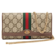 Gucci Beige/Braun GG Supreme Portemonnaie aus Canvas und Leder Ophidia an Kette