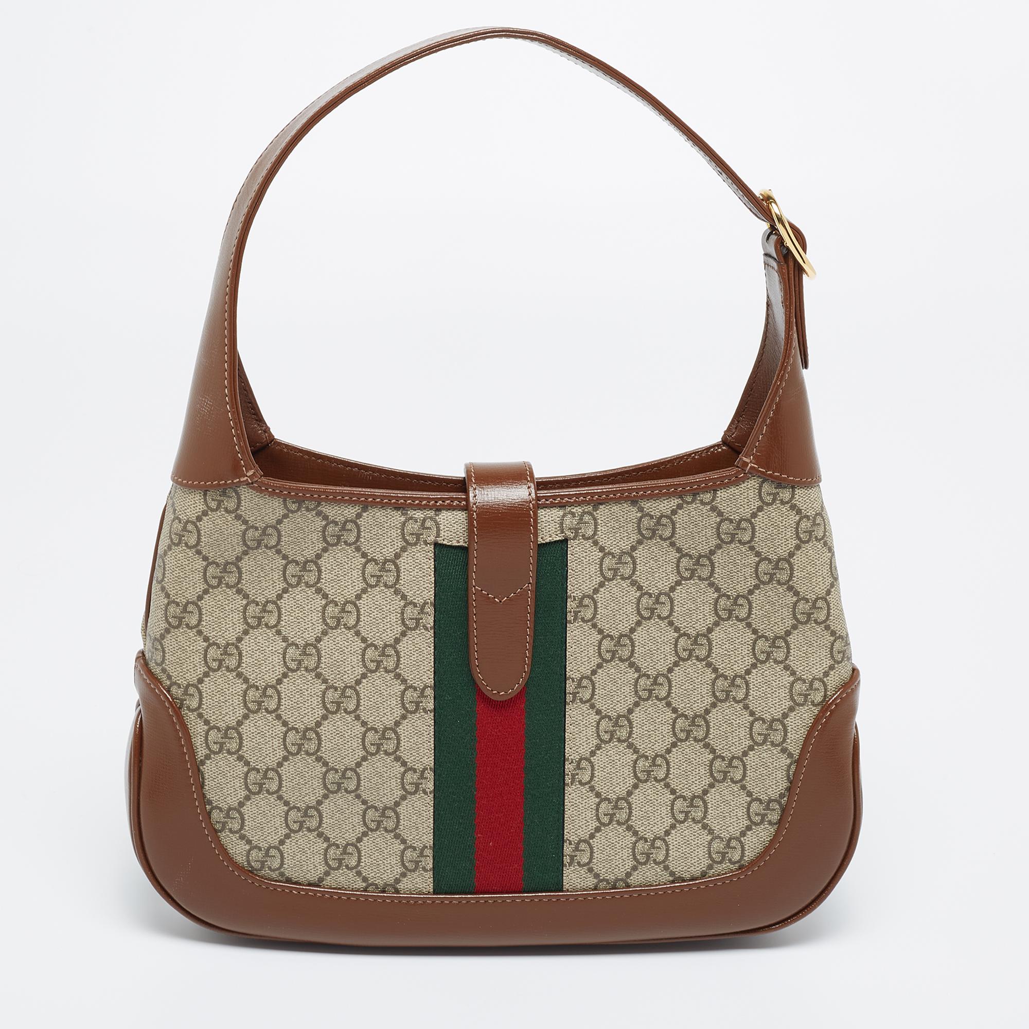 Gucci Beige/Brown GG Supreme Canvas And Leather Small Jackie 1961 Hobo 7