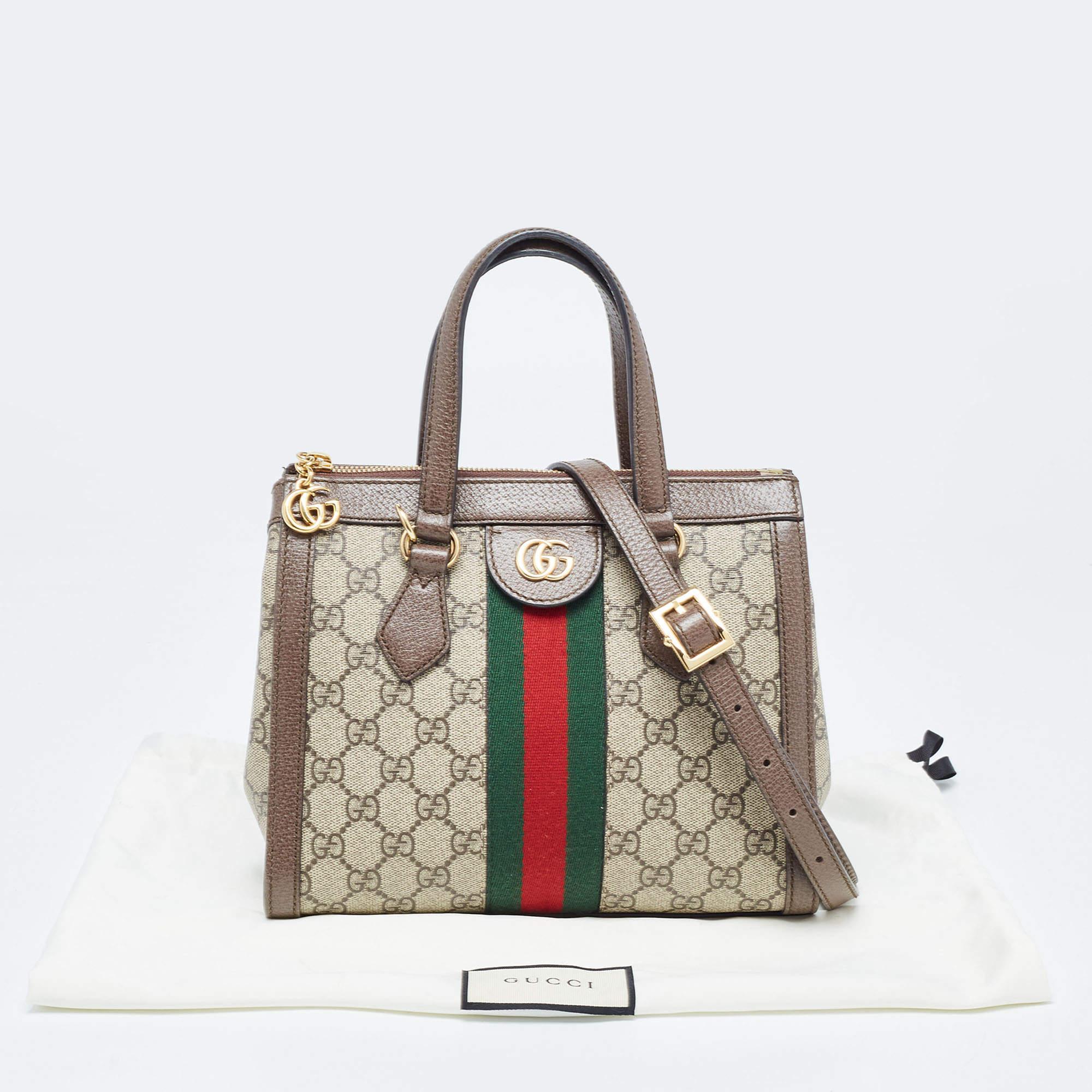 Gucci Beige/Brown GG Supreme Canvas and Leather Small Ophidia Tote 2