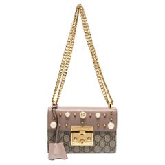 Gucci Beige/Brown GG Supreme Canvas And Leather Small Studded Padlock Shoulder B