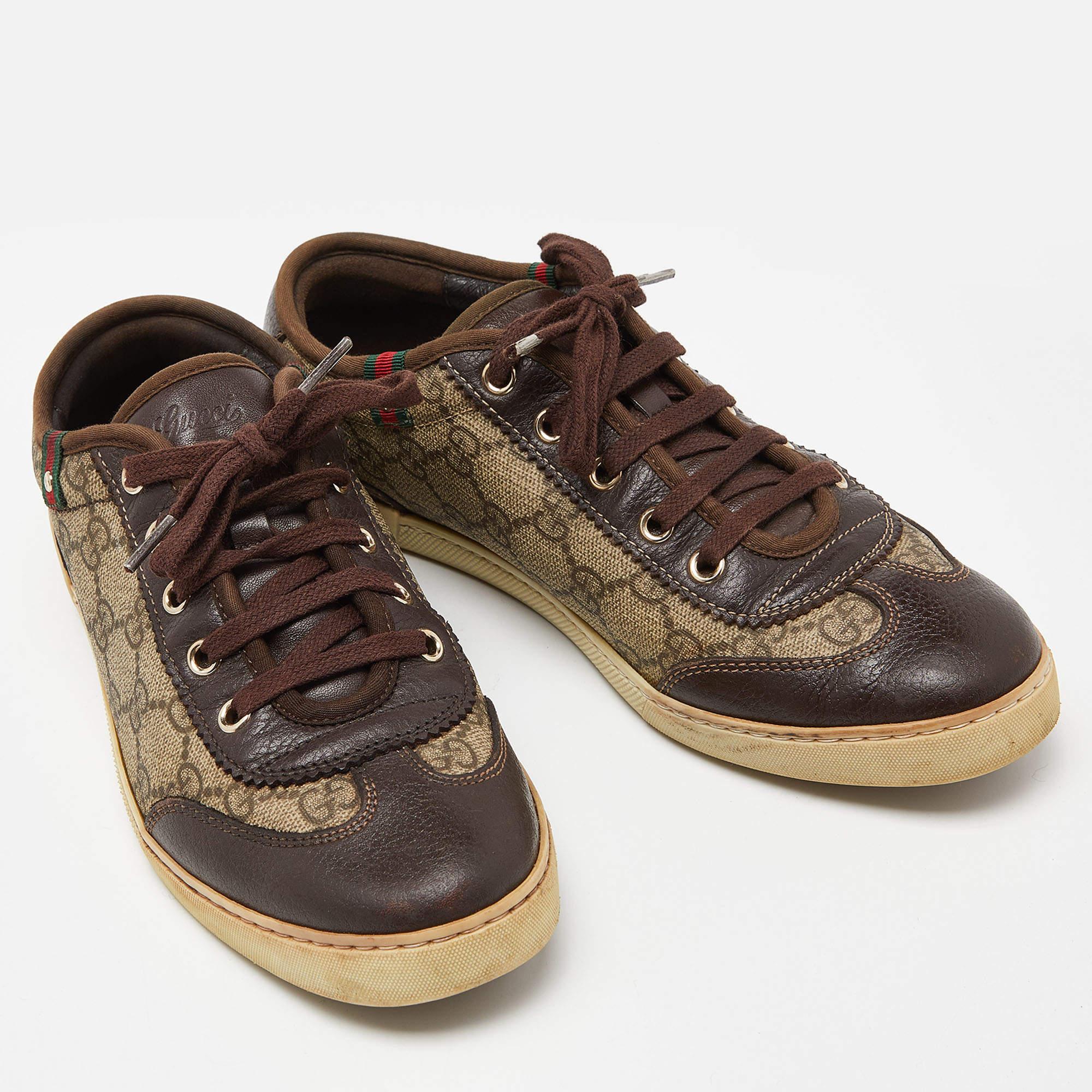 Women's Gucci Beige/Brown GG Supreme Canvas and Leather Web Lace Up Sneakers Size 37.5 For Sale