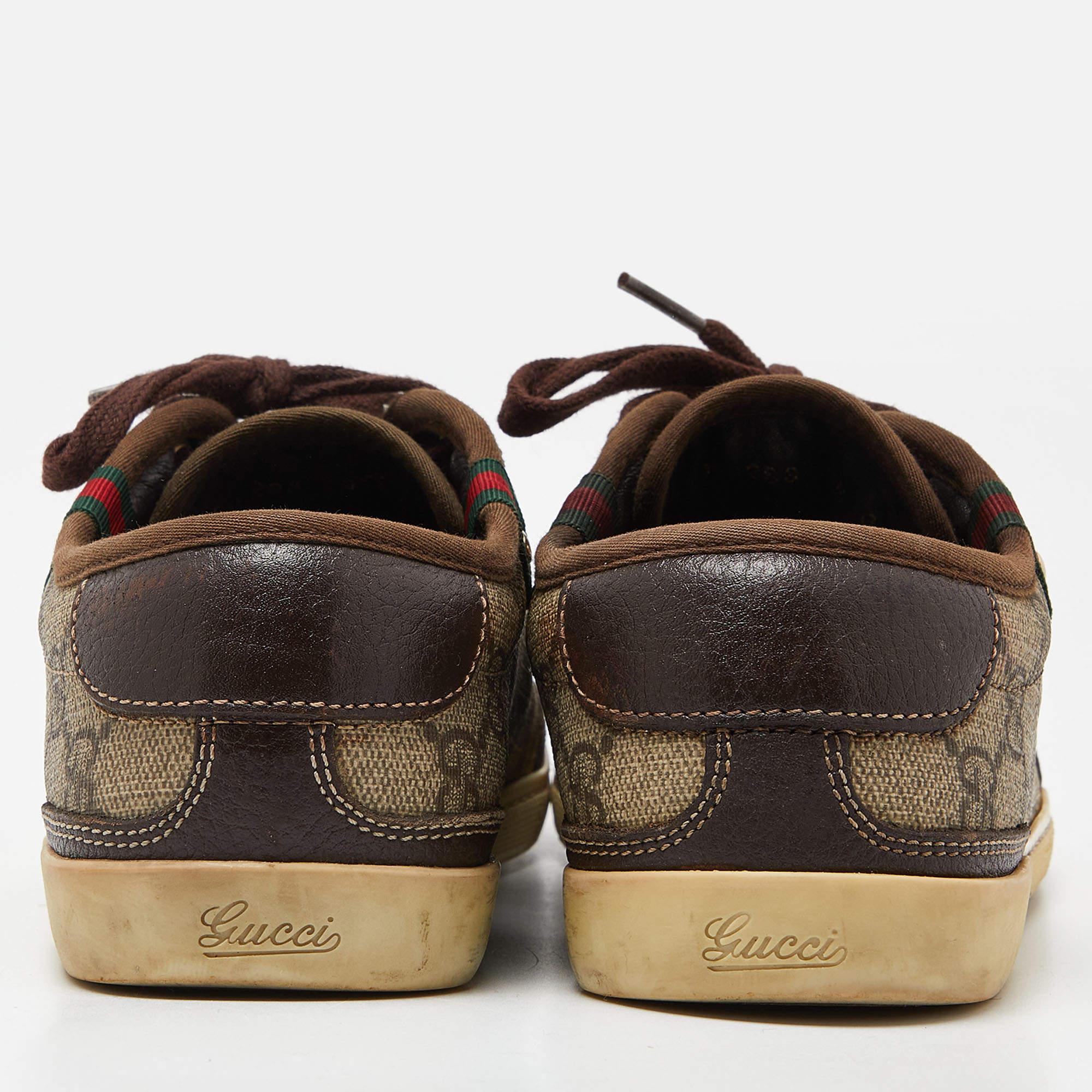 Gucci Beige/Brown GG Supreme Canvas and Leather Web Lace Up Sneakers Size 37.5 For Sale 1