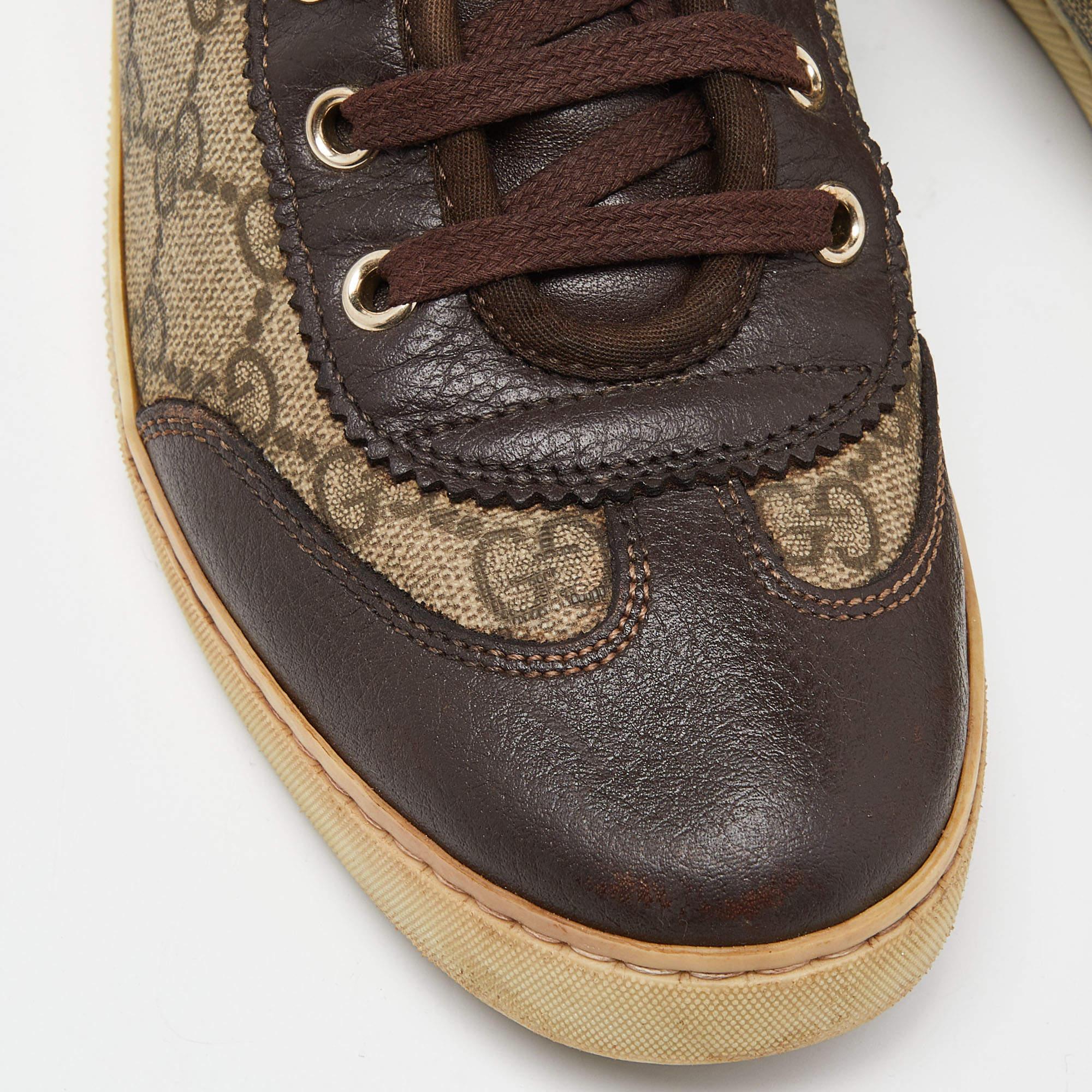 Gucci Beige/Brown GG Supreme Canvas and Leather Web Lace Up Sneakers Size 37.5 For Sale 3