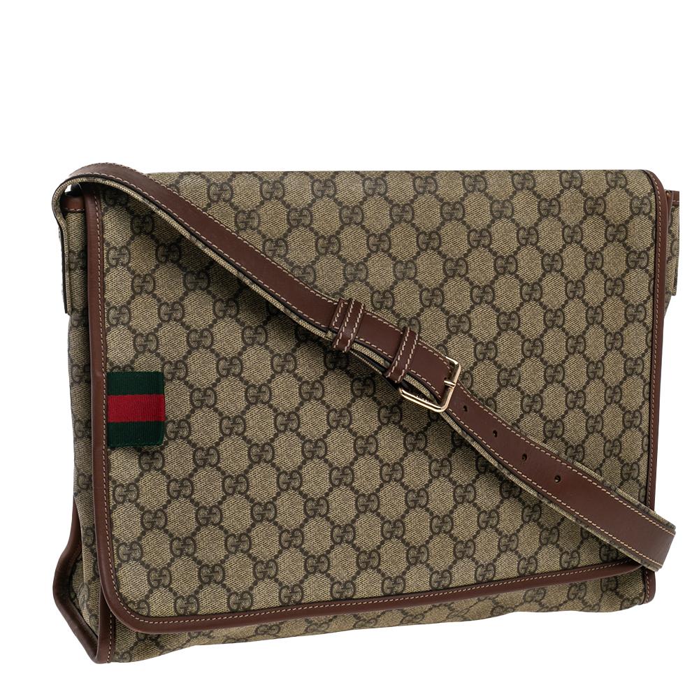 Black Gucci Beige/Brown GG Supreme Canvas and Leather Web Messenger Bag