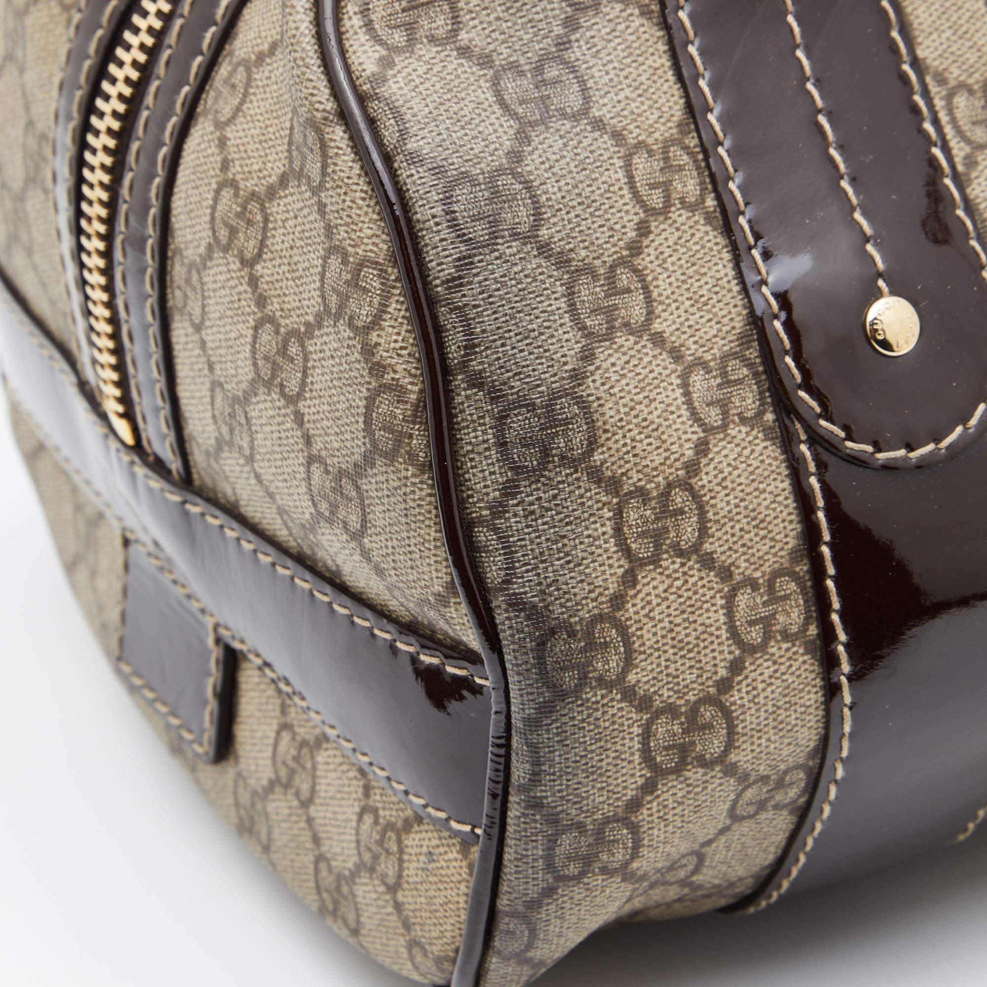 Gucci Beige/Brown GG Supreme Canvas and Patent Leather Boston Bag 5
