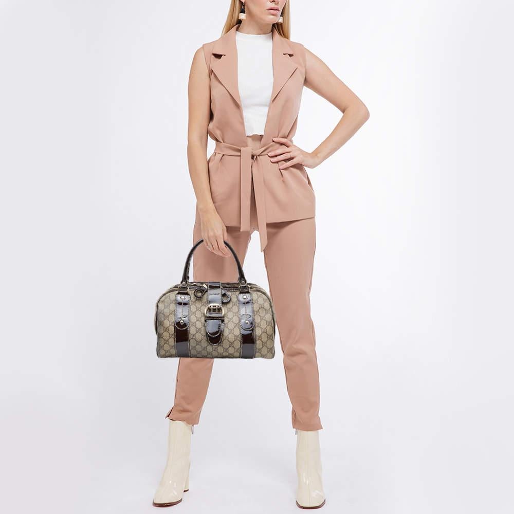 Gray Gucci Beige/Brown GG Supreme Canvas and Patent Leather Boston Bag